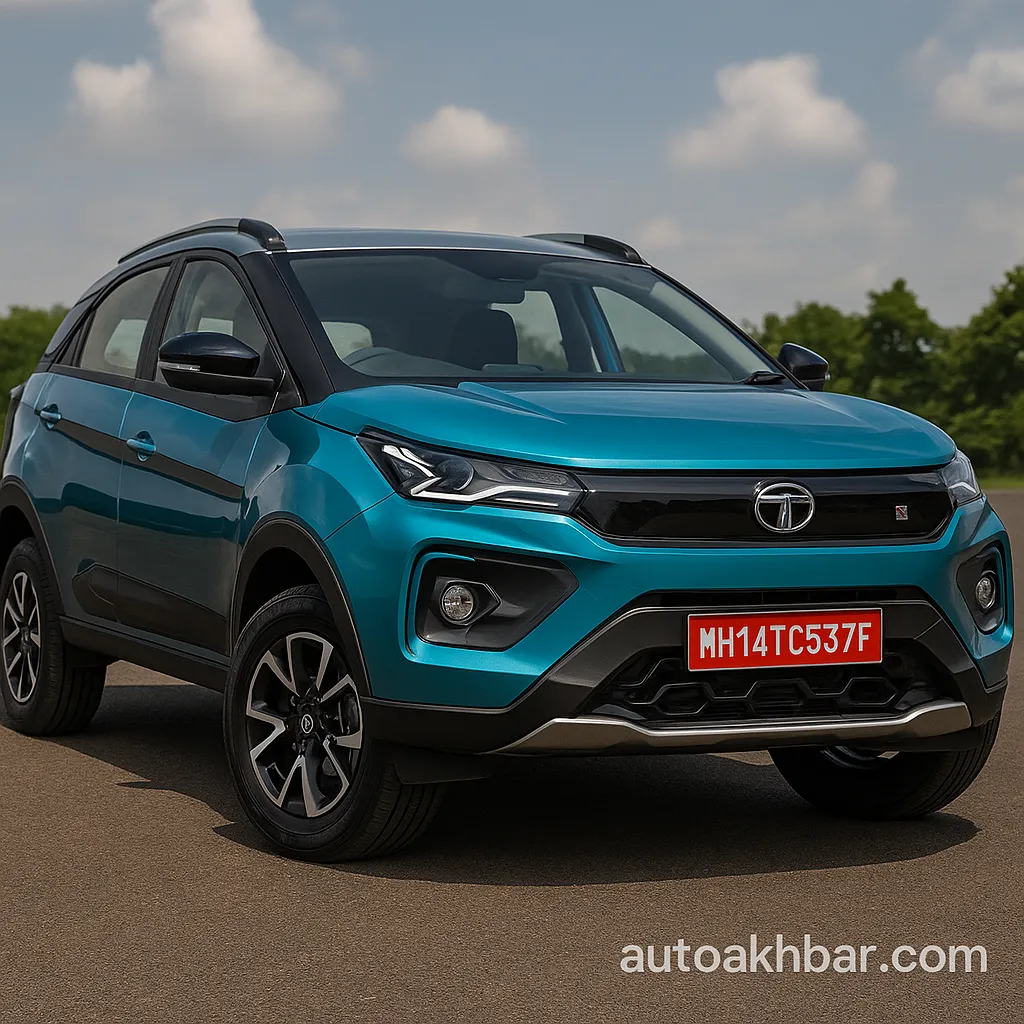 Top 5 Cars in Rs 15 Lakhs in India A high-resolution photograph captures a Tata Nexon SUV parked with scenic background, featuring AutoAkhbar.com watermark.