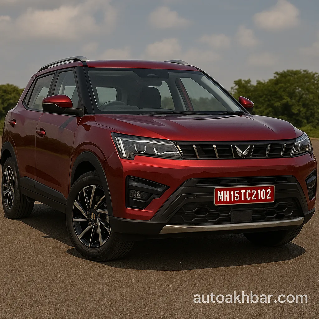 Top 5 Cars in Rs 15 Lakhs in India A high-resolution digital photograph showcases a Mahindra XUV 3XO from the front angle, watermarked with AutoAkhbar.com.