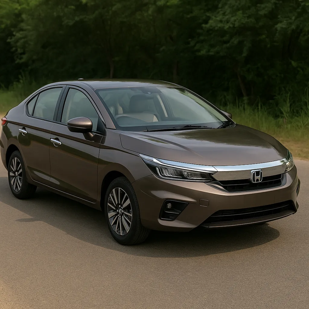 Top 5 Cars in Rs 15 Lakhs in India A high-resolution digital photograph showcases a Honda City mid-variant sedan in a cityscape, watermarked with AutoAkhbar.com.