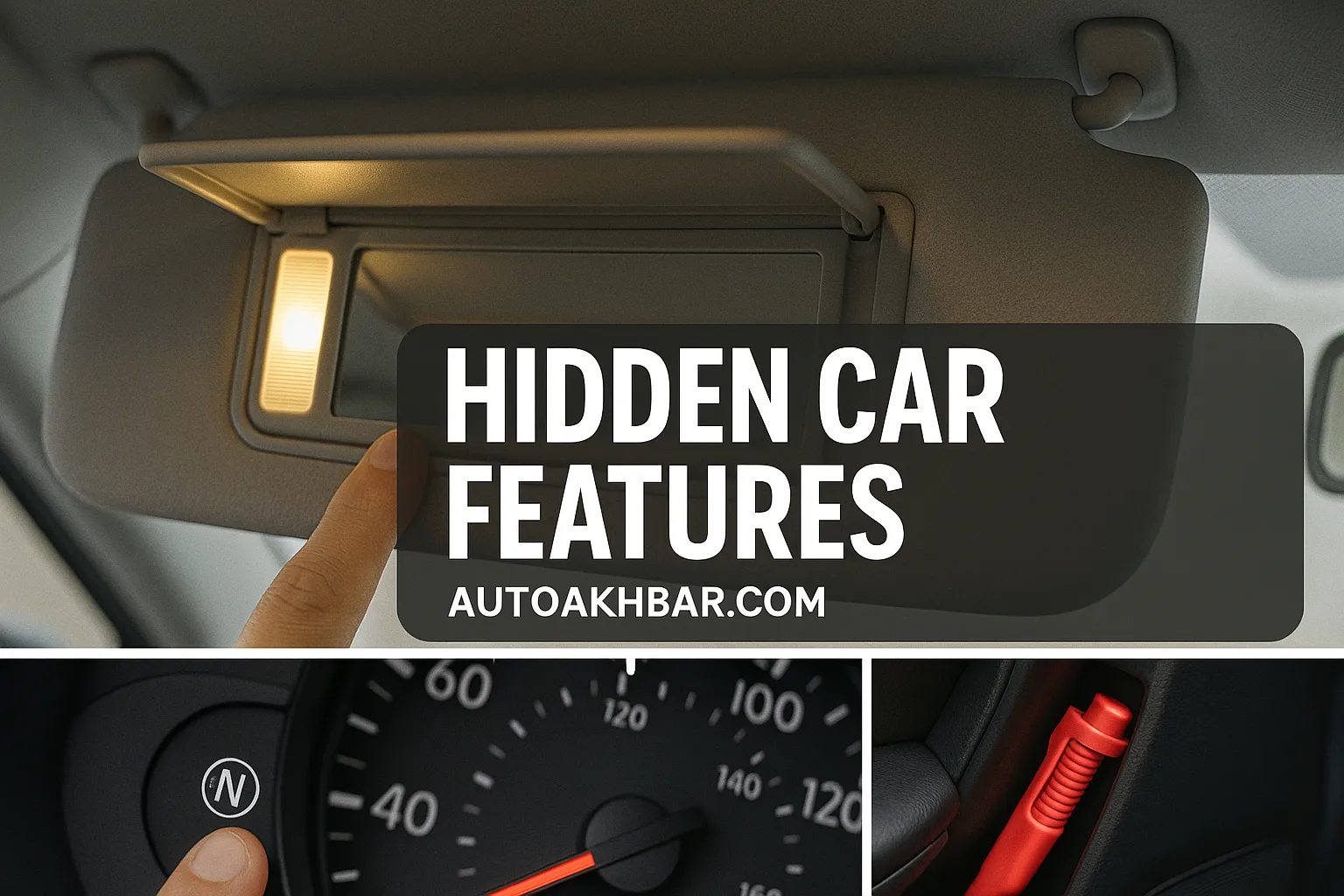 Summary collage of hidden car features with AutoAkhbar.com branding.