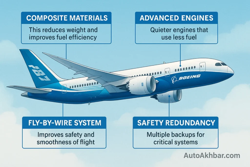 Front view of Boeing 787 Dreamliner showcasing its sleek nose design and cockpit