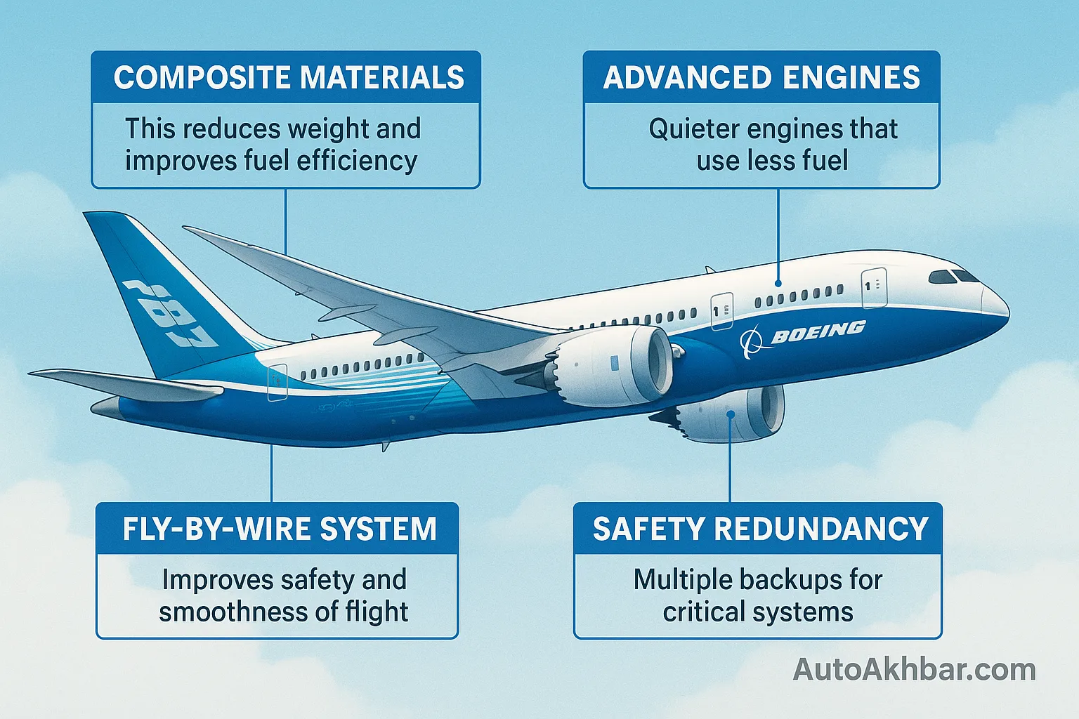Front view of Boeing 787 Dreamliner showcasing its sleek nose design and cockpit