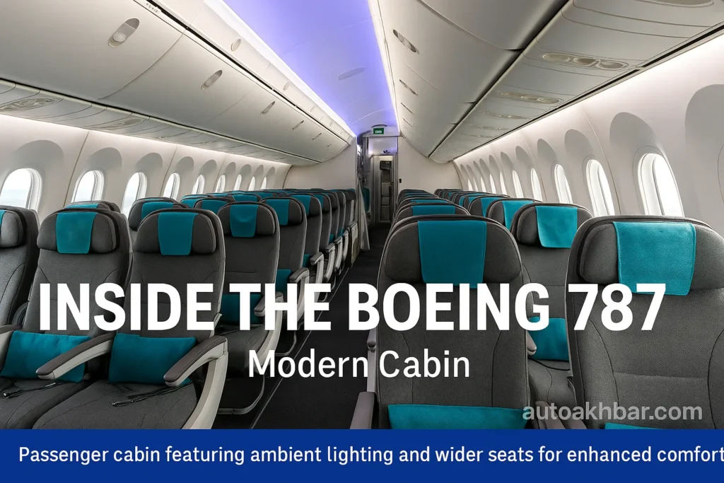 Interior cabin of Boeing 787 showing spacious seating and mood lighting.