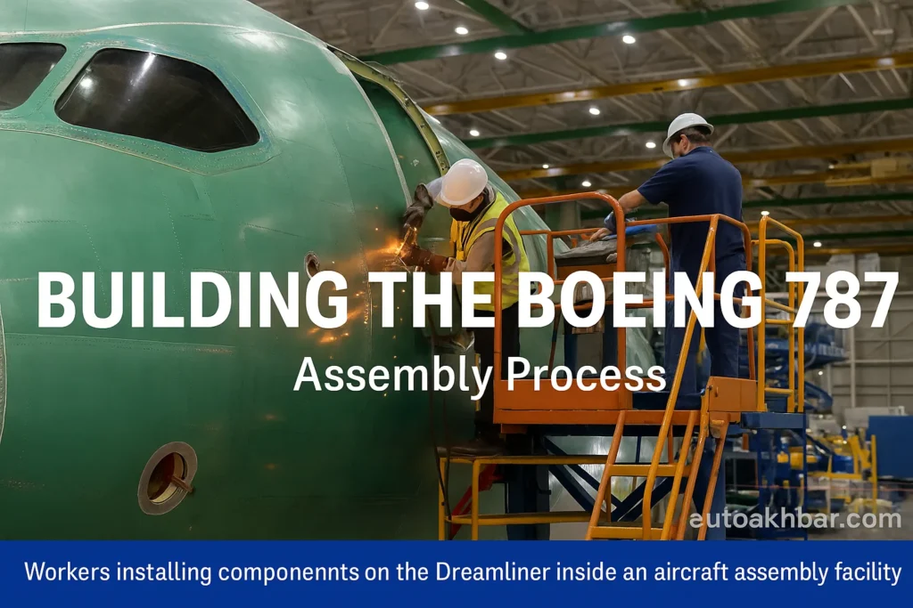 Workers assembling structural components inside Boeing’s advanced manufacturing facility for the Boeing 787 Dreamliner.