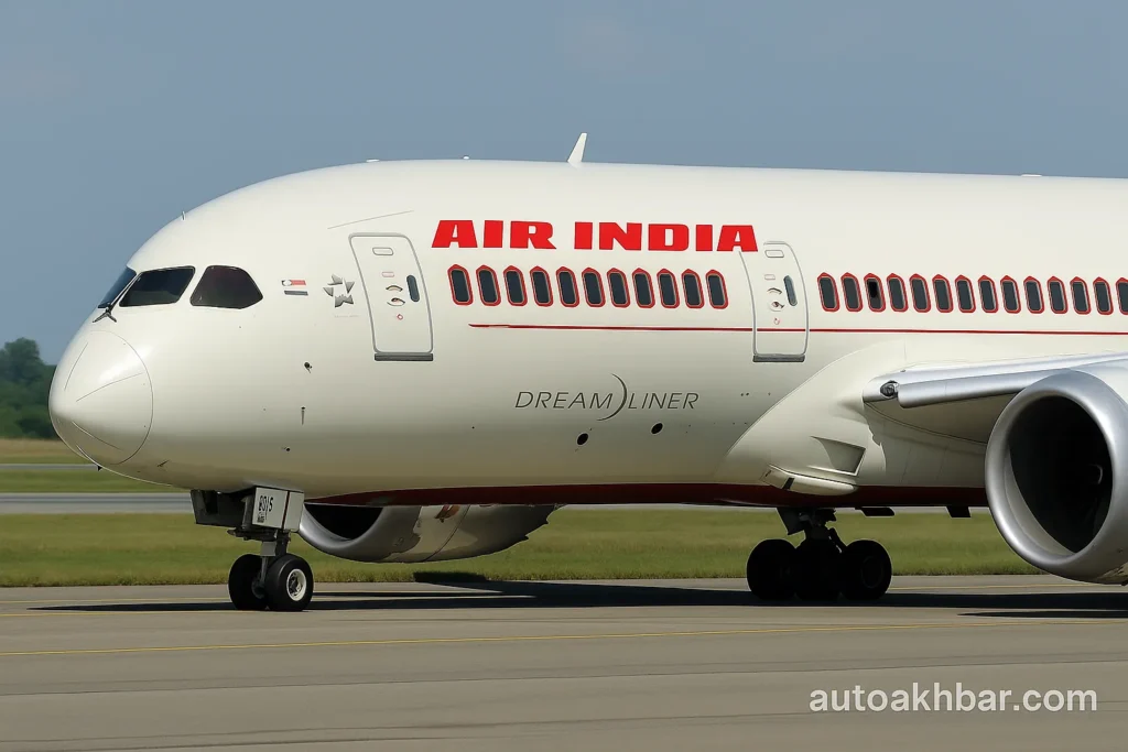 An Air India Boeing 787 Dreamliner taking off into a clear blue sky, symbolizing advanced aeronautical engineering and international travel.