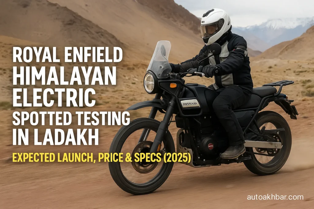 Close-up view of the Royal Enfield Himalayan Electric’s custom aluminum swingarm, tubeless spoked wheels, and protective battery casing on a rocky Ladakh trail.