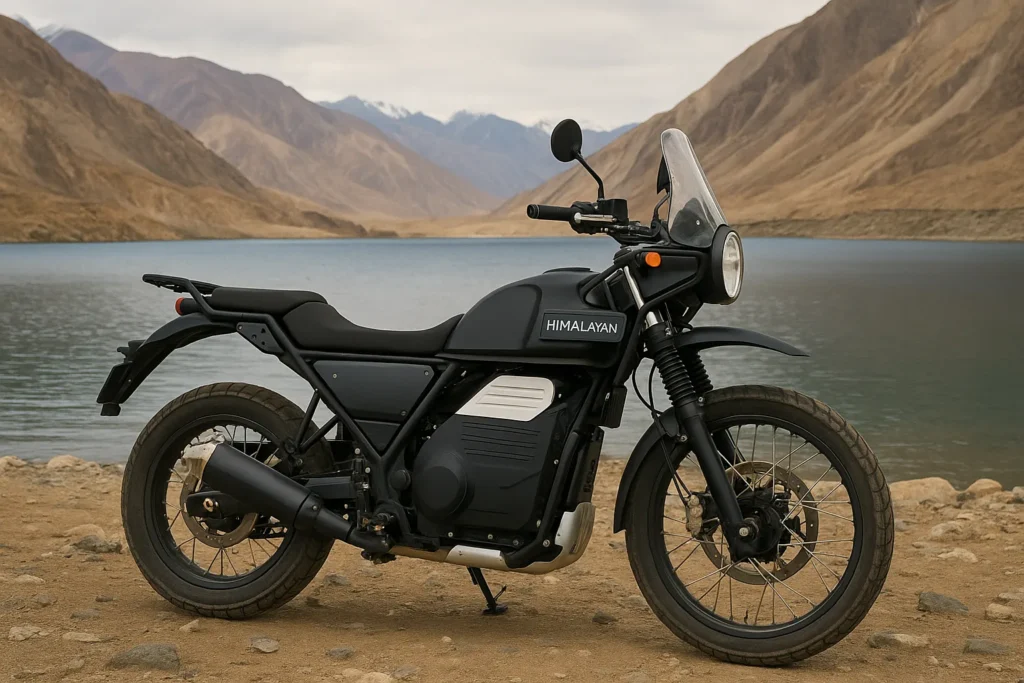 Close-up view of the Royal Enfield Himalayan Electric’s custom aluminum swingarm, tubeless spoked wheels, and protective battery casing on a rocky Ladakh trail.