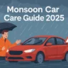 Illustration of a car covered with a waterproof cover, rain droplets falling, and a shield icon symbolizing protection during monsoon.