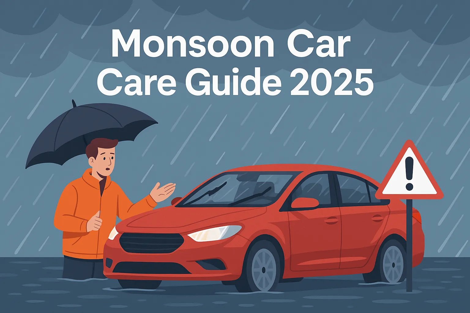 Illustration of a car covered with a waterproof cover, rain droplets falling, and a shield icon symbolizing protection during monsoon.