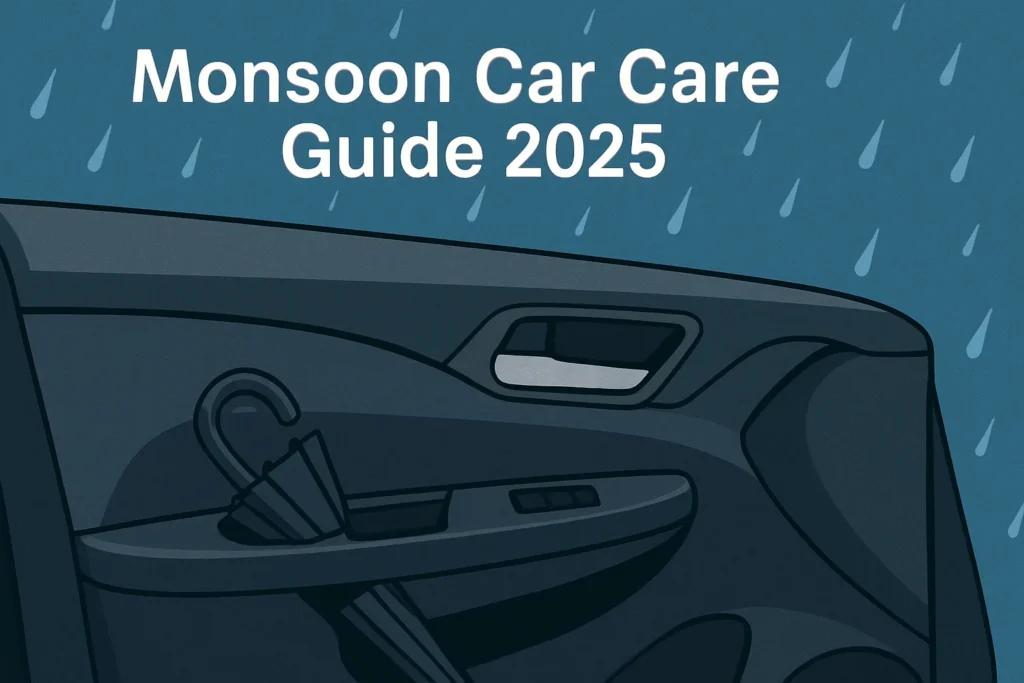 Monsoon Car Care Guide 2025: Flat-style digital illustration showing a mechanic checking wipers, tires, and car lights for monsoon maintenance.