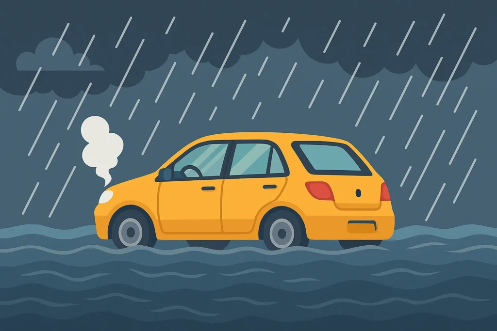 Monsoon Car Care Guide 2025: Yellow hatchback car driving through heavy rain with water splashes, demonstrating monsoon driving conditions.