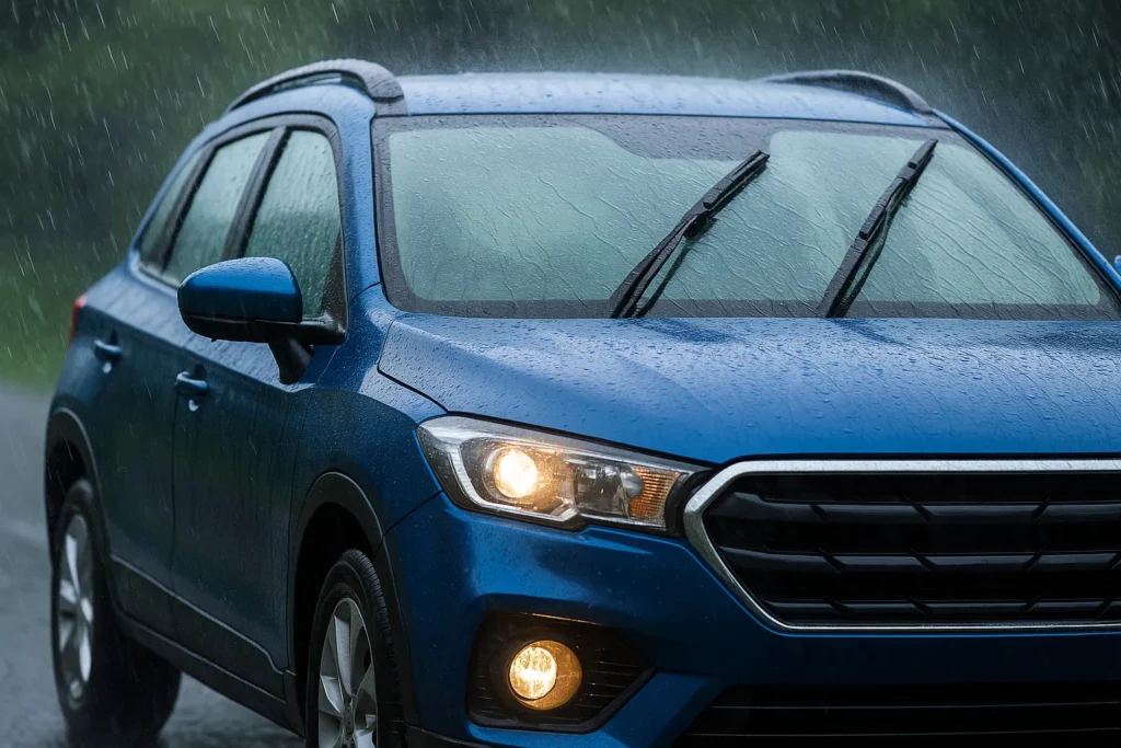 Monsoon Car Care Guide 2025: Compact blue car driving through rain on a flooded road with headlights on during monsoon.