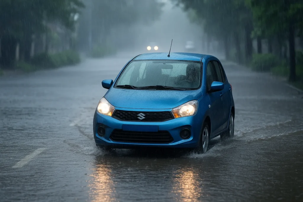  Compact blue hatchback car parked on a wet road with water puddles, demonstrating safe monsoon parking practices.