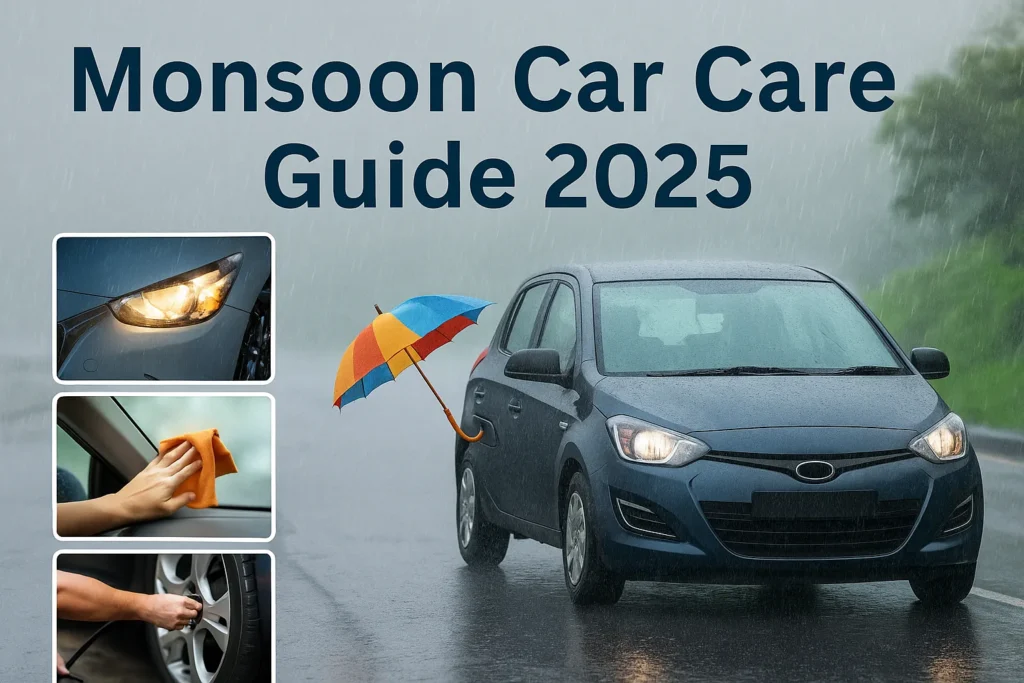 Monsoon car maintenance checklist illustration showing car under heavy rain with umbrella and safety icons.