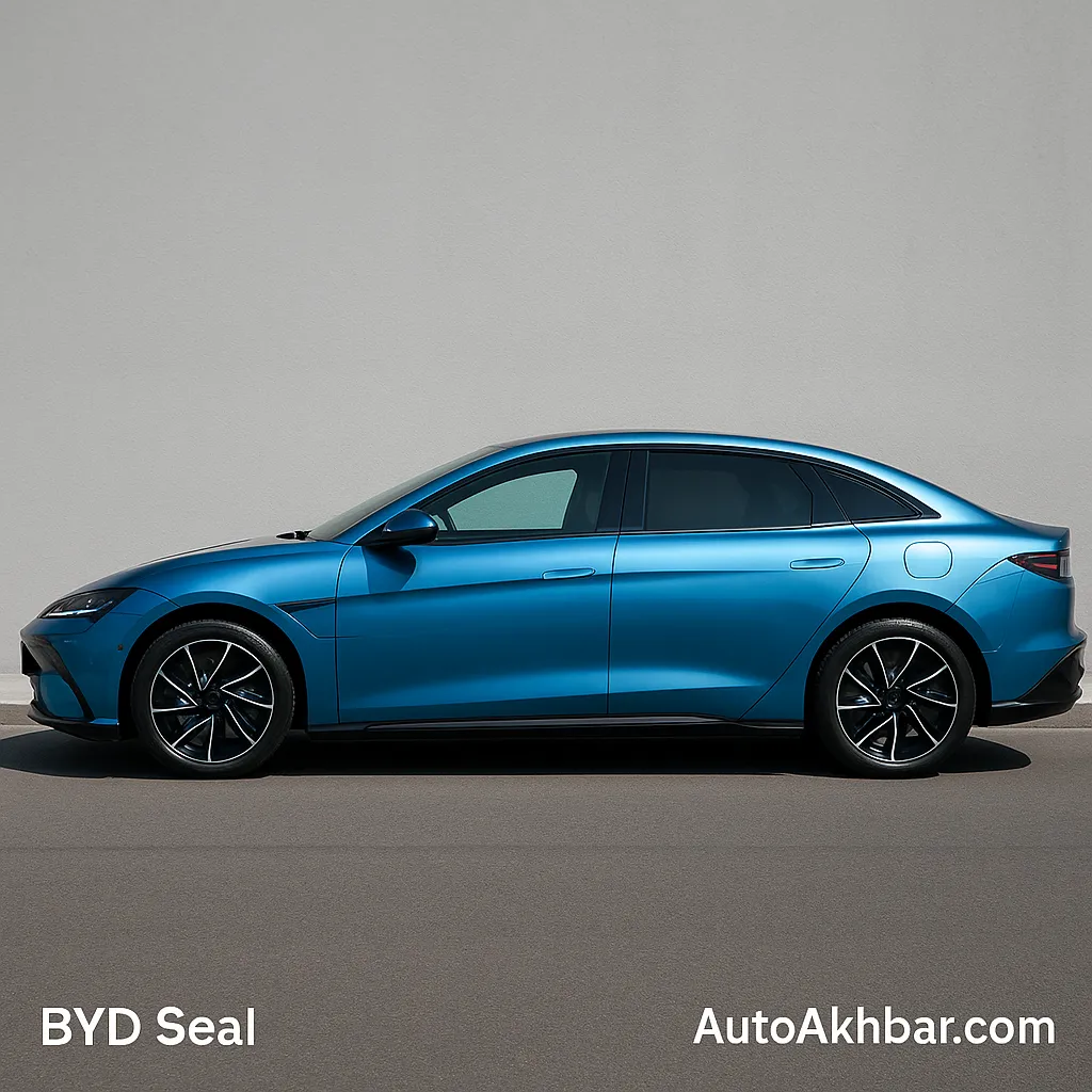 Top 4 BYD Electric Cars to Buy in 2025: BYD Seal ocean blue side profile with AutoAkhbar.com watermark