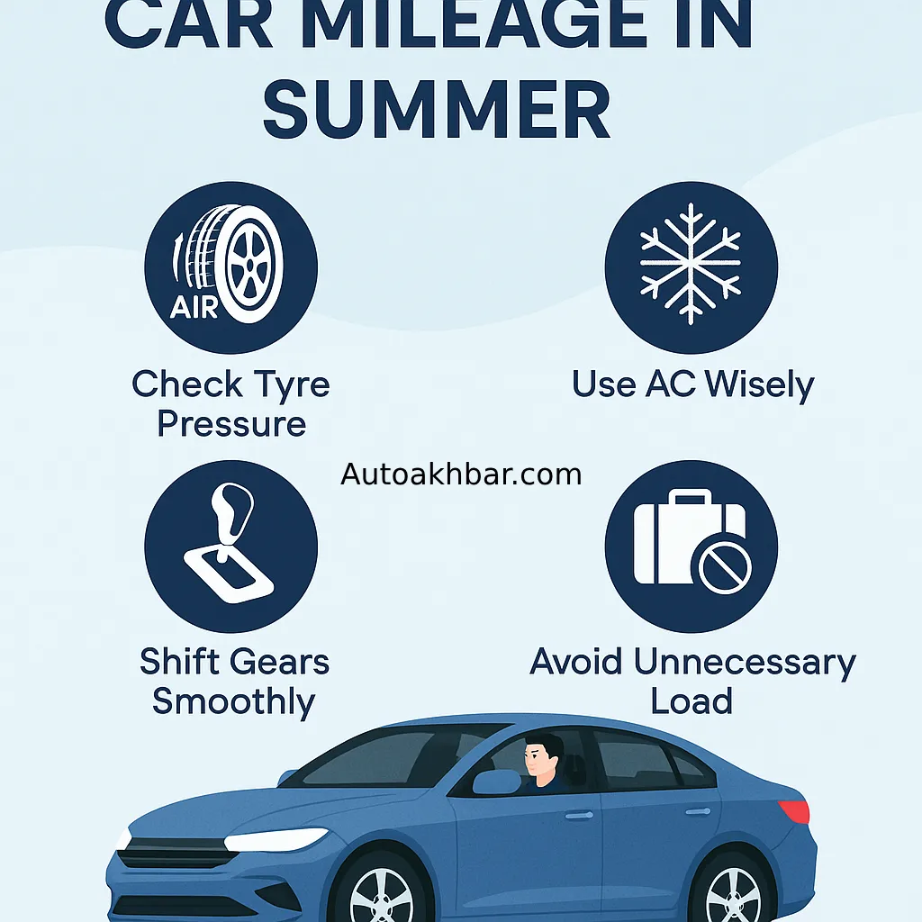 How to Improve Car Mileage in Summer : Infographic illustrating practical summer car mileage improvement tips with icons and clean design.