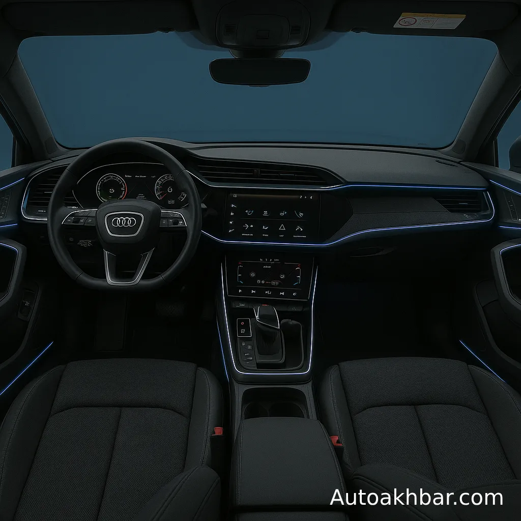 Interior of the new Audi Q3 2026 with curved digital displays and ambient lighting.