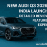 Front view of the new Audi Q3 2026 showcasing its sleek honeycomb grille and split LED headlights.