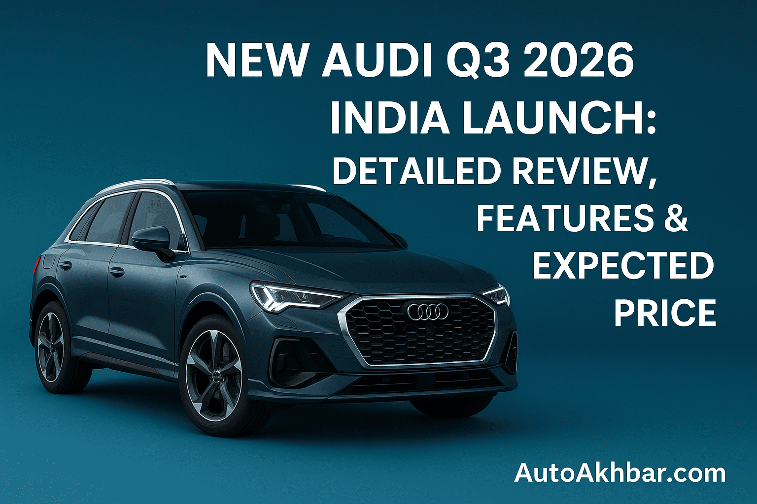 Front view of the new Audi Q3 2026 showcasing its sleek honeycomb grille and split LED headlights.