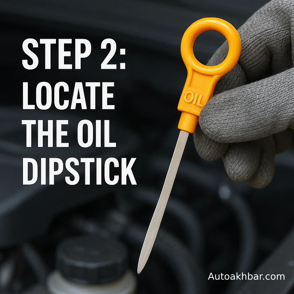 How to Check Engine Oil Properly : Car engine with visible brightly colored dipstick handle for oil level check.