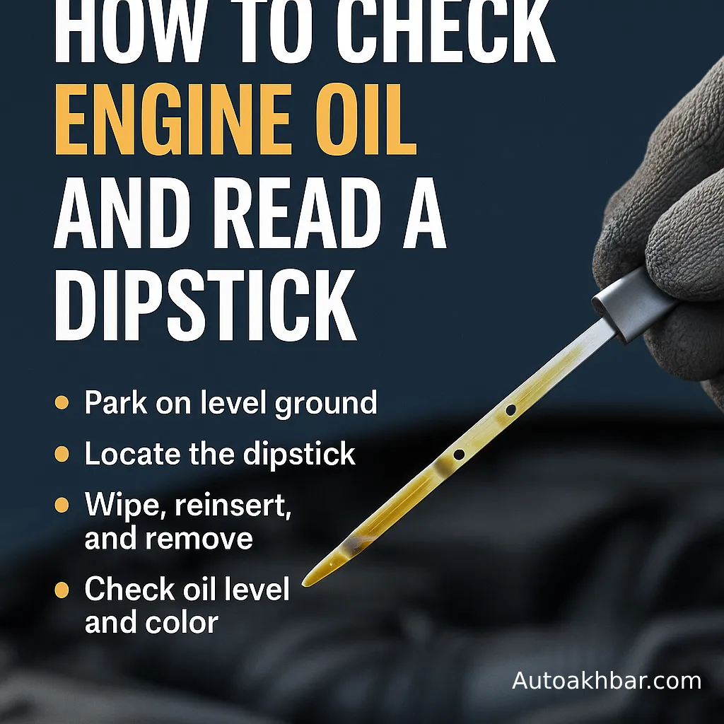 A clear instructional graphic showing a step-by-step guide to check engine oil level with AutoAkhbar.com branding.