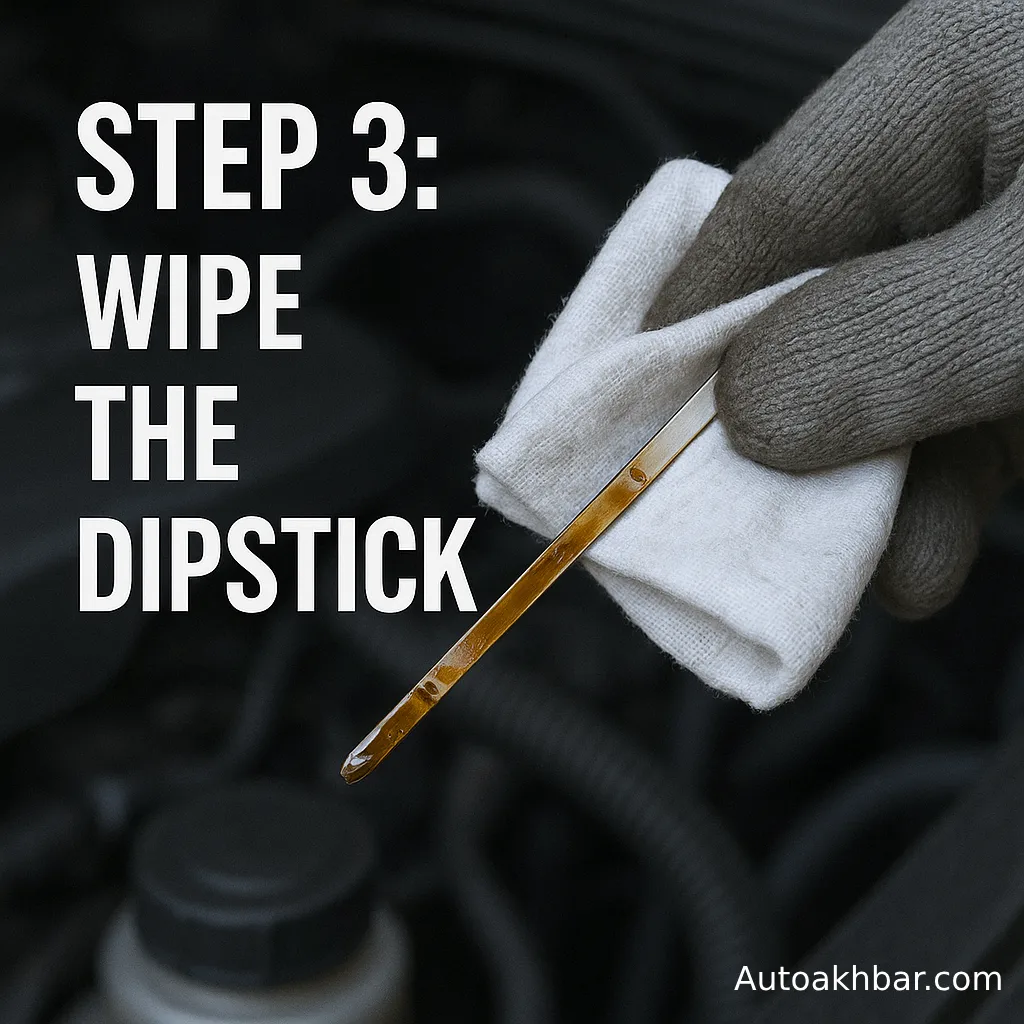 How to Check Engine Oil Properly : Close-up of a person wiping the dipstick clean before reinserting — autoakhbar.com.