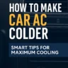 Illustrative graphic by AutoAkhbar.com explaining easy steps to make your car AC colder and more efficient, with visual icons and a summer background.