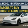 Tesla Model 3 Performance 2025 driving on highway with blog headline overlay and AutoAkhbar branding.