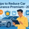 Tips to Reduce Car Insurance Premium Man comparing car insurance premium options on tablet with savings icons and AutoAkhbar.com logo