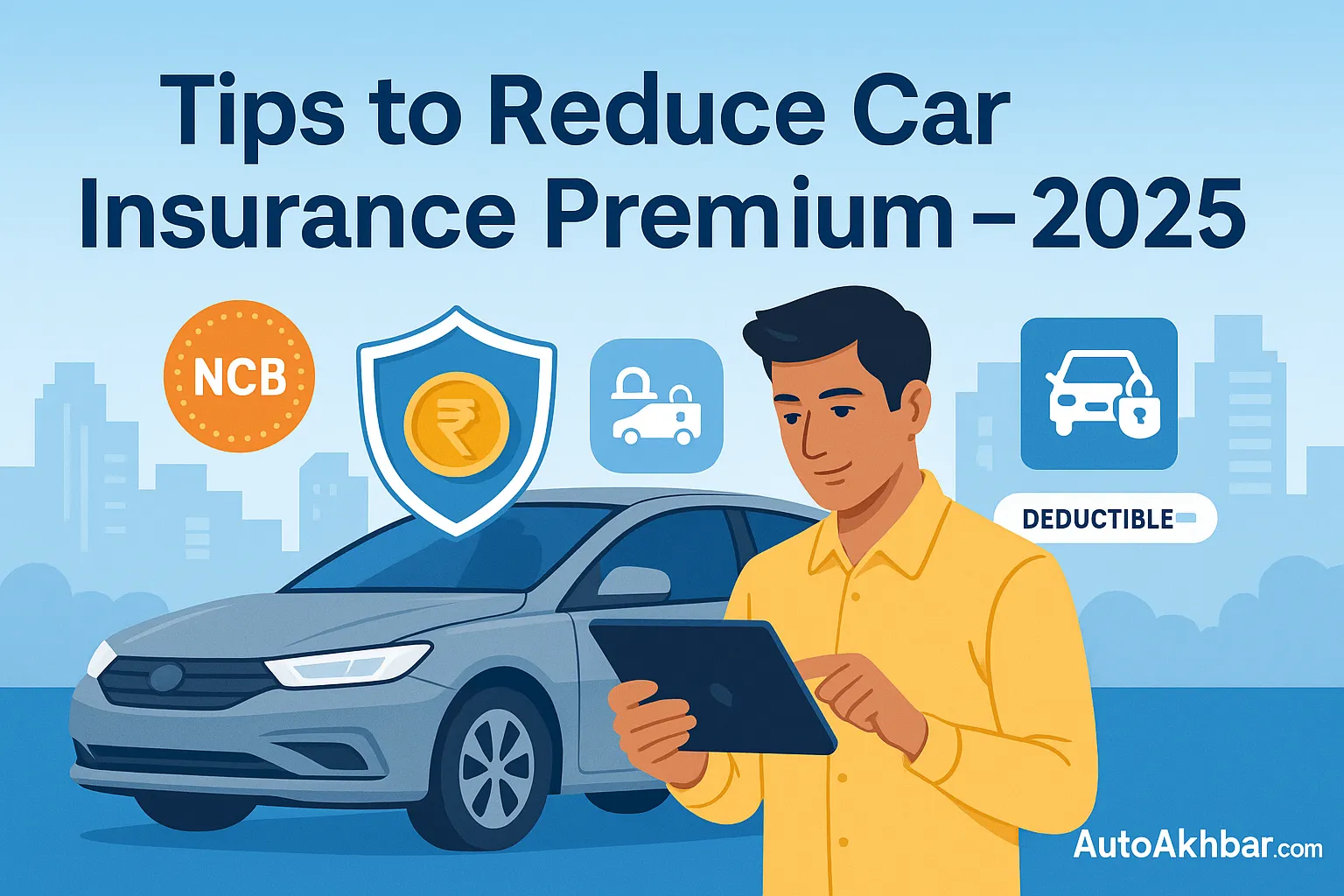 Tips to Reduce Car Insurance Premium Man comparing car insurance premium options on tablet with savings icons and AutoAkhbar.com logo