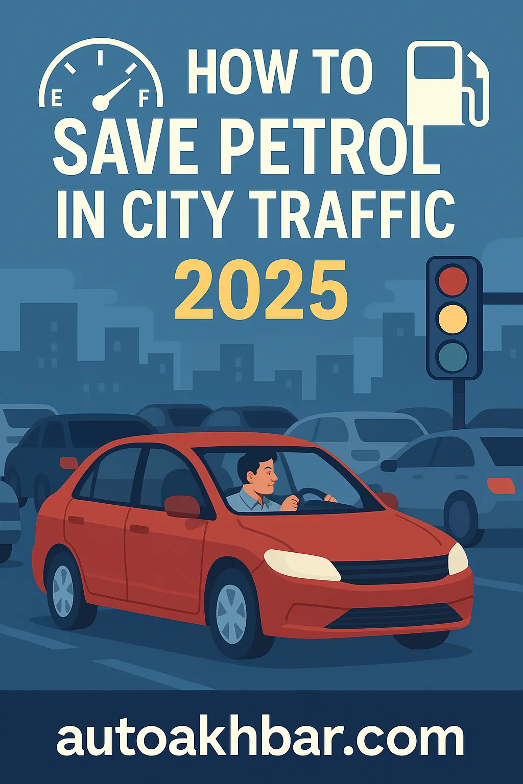 Featured illustration of a car in city traffic with fuel-saving symbols (2025)