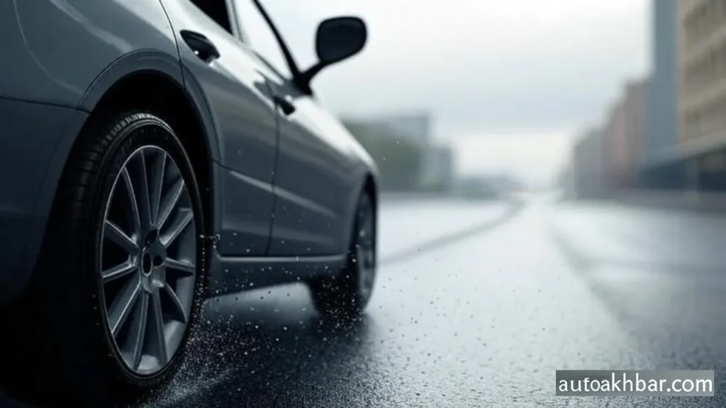 Car tyre with excellent wet grip performance on rainy roads.