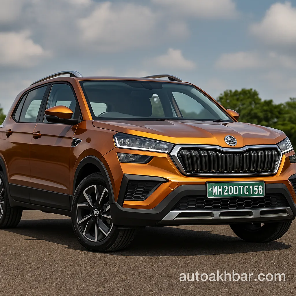 Top 5 Cars in Rs 15 Lakhs in India A high-resolution digital photograph showcases a Skoda Kushaq SUV parked in an urban setting, watermarked with AutoAkhbar.com.