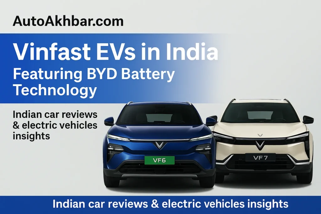 Autoakhbar.com–branded digital illustration showcasing Vinfast VF6 and VF7 electric SUVs with futuristic design elements.