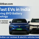 Autoakhbar.com–branded digital illustration showcasing Vinfast VF6 and VF7 electric SUVs with futuristic design elements.