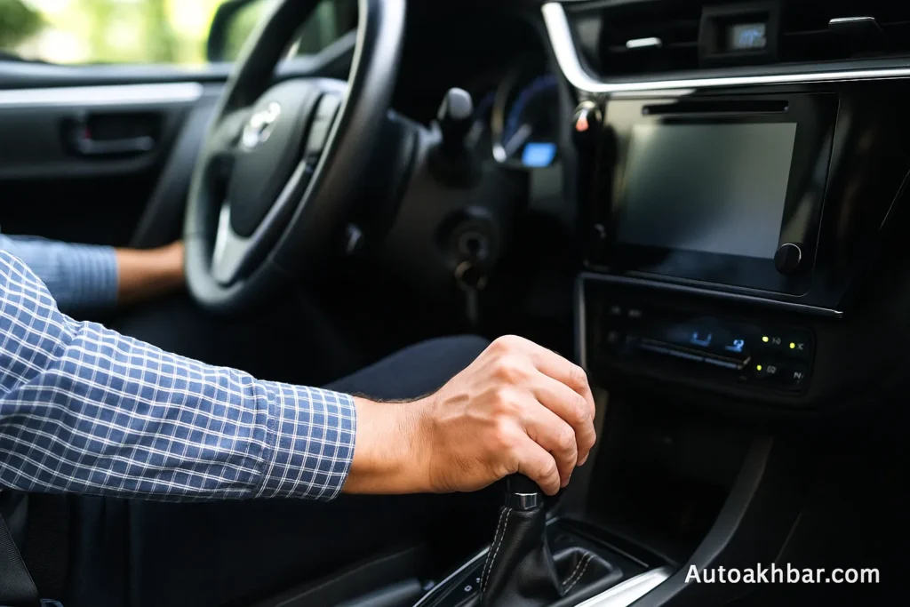 A driver’s hand shifting car gears with AutoAkhbar.com watermark visible.