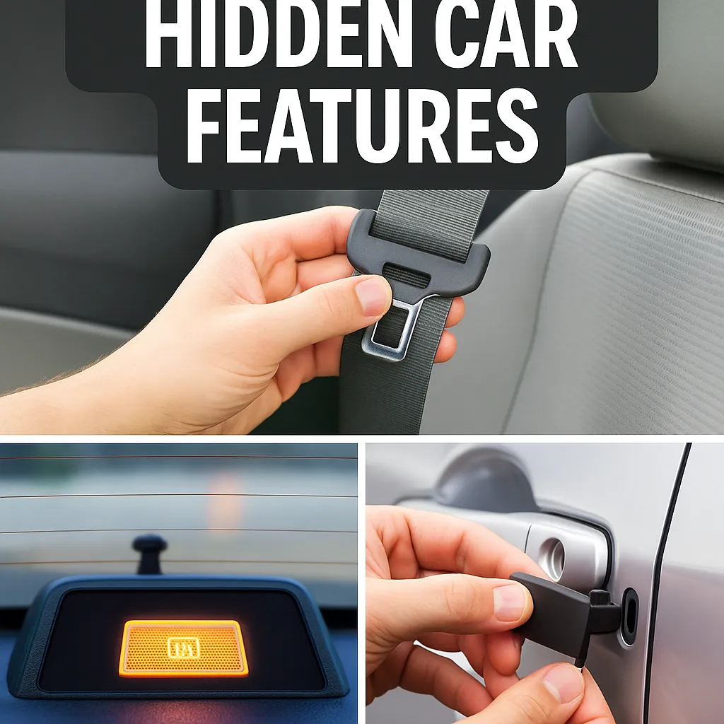 A digital collage showcasing three hidden car features from modern vehicles.
