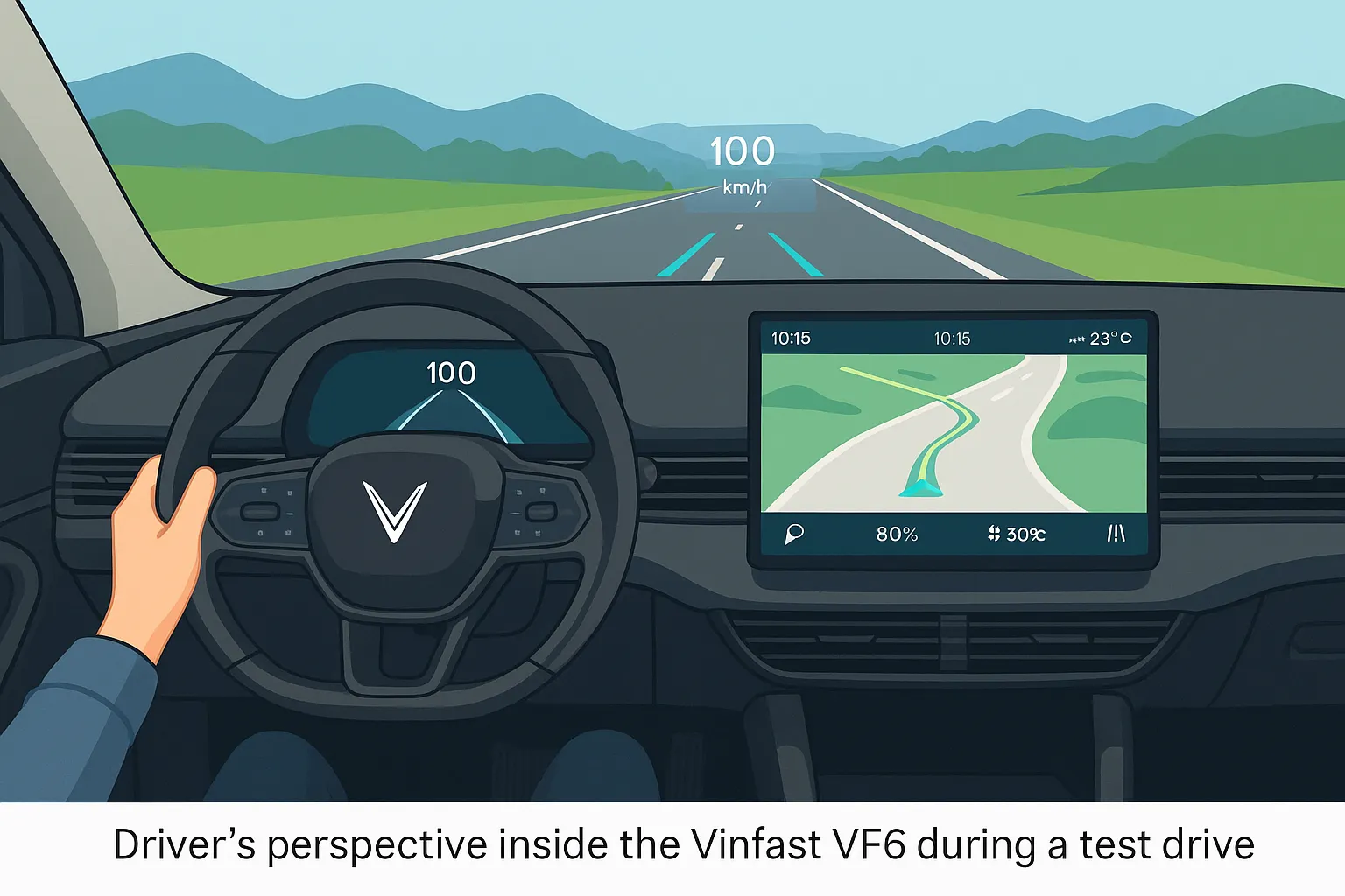 Vinfast VF6 EV interior dashboard view with touchscreen and heads-up display.
