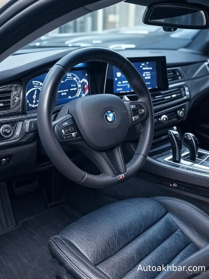 BMW M340i 2025 Review: Interior close-up of the BMW M340i 2025 dashboard, carbon fibre trim, flat-bottom steering wheel with M badge, digital instrument cluster and large infotainment screen tilted towards the driver. Watermark: autoakhbar.com.
