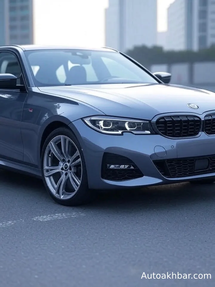BMW M340i 2025 Review: Front view of BMW M340i 2025 with sporty grille and M-sport alloy wheels – autoakhbar.com