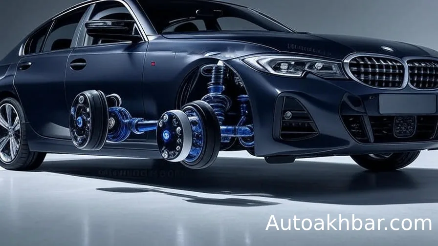 BMW M340i 2025 adaptive suspension infographic showing comfort and sport modes – autoakhbar.com