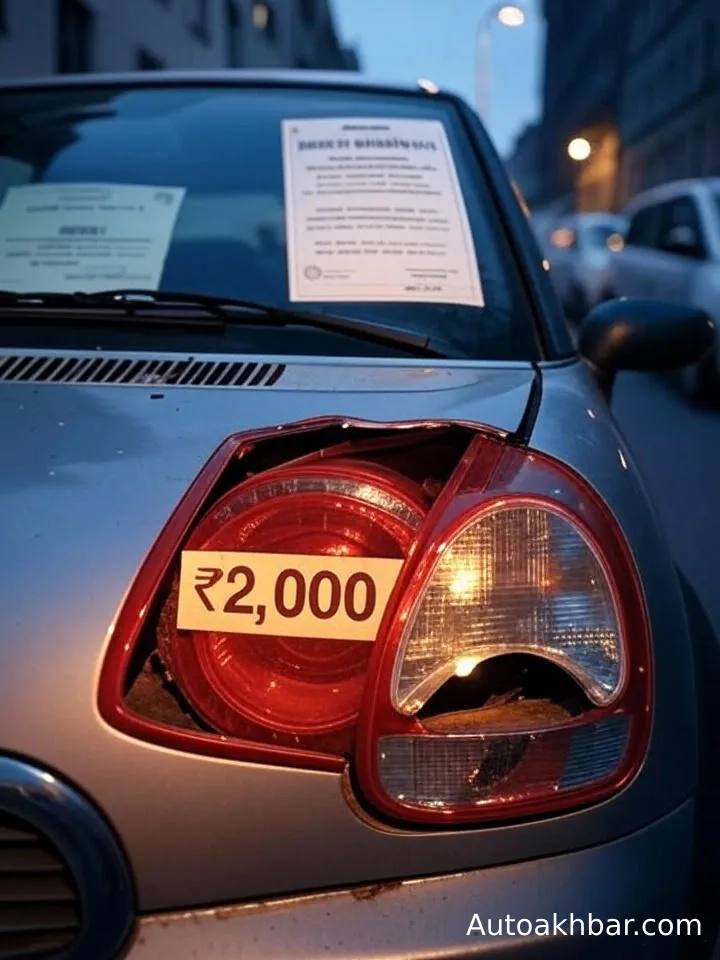 Tips to Reduce Car Insurance Premium : Broken car tail light with no-claim bonus document and ₹2000 repair cost label