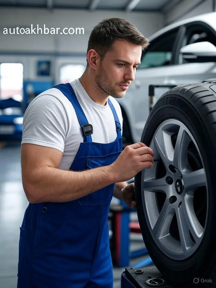 Technician performing car tyre alignment and balancing for best performance.
