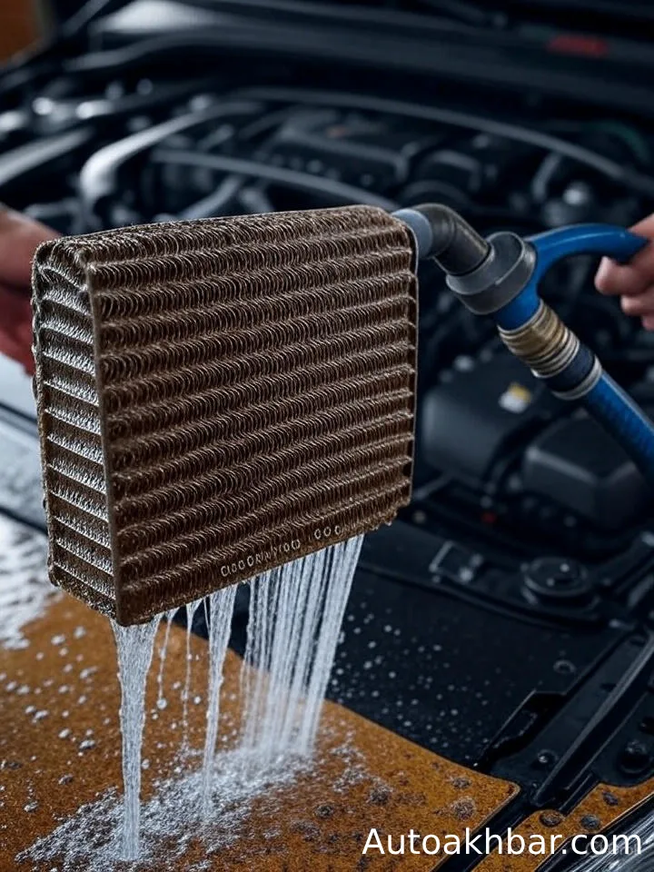 How to Make Car AC Colder Instantly: Close-up of car condenser being cleaned with water spray, featuring autoakhbar.com.