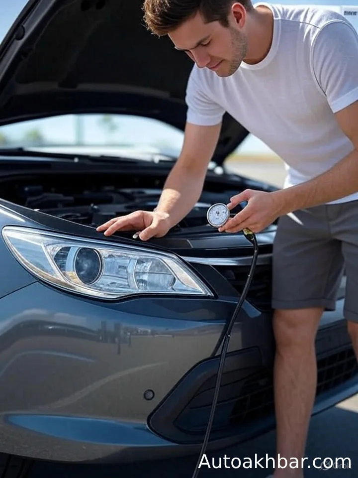 How to Make Car AC Colder Instantly: Person checking car AC refrigerant level with a gauge, autoakhbar.com watermark present.
