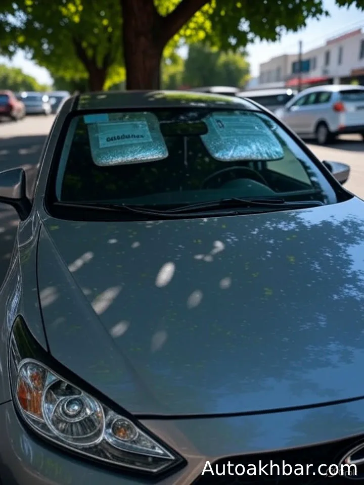 How to Make Car AC Colder Instantly: Parked car with windshield sunshades and cracked windows, featuring autoakhbar.com logo.