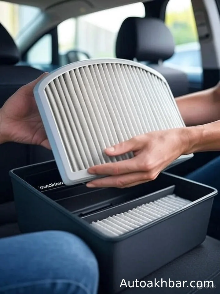 How to Make Car AC Colder Instantly Person replacing a dirty cabin air filter inside a modern car with autoakhbar.com branding.