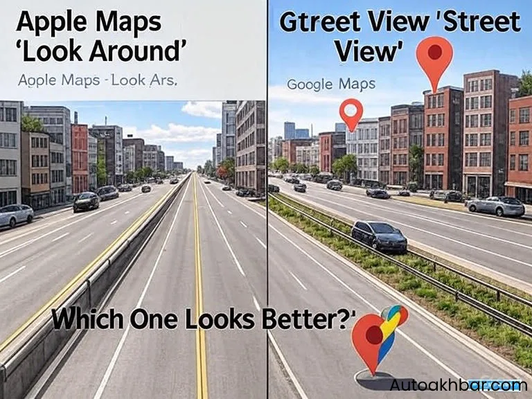 Side-by-side view of Apple Look Around and Google Street View showing clarity and interface differences.
