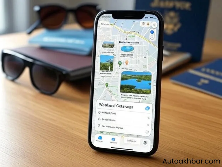 Apple Maps custom guide showing saved spots for a weekend trip, with travel planning options and pins.
