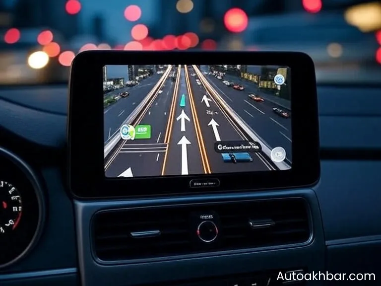 Apple CarPlay dashboard showing Apple Maps with real-time lane guidance and share ETA feature.